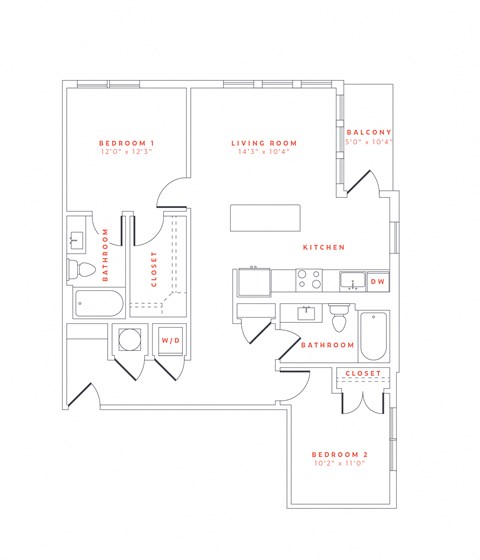 Floor plan for 2 beds, 2 baths, 1008 sqft